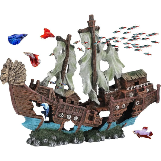 Large Shipwreck Aquarium Decorations Ornament w/Sail, Sunken Ship Decoration Ornaments, Freshwater Saltwater Decor