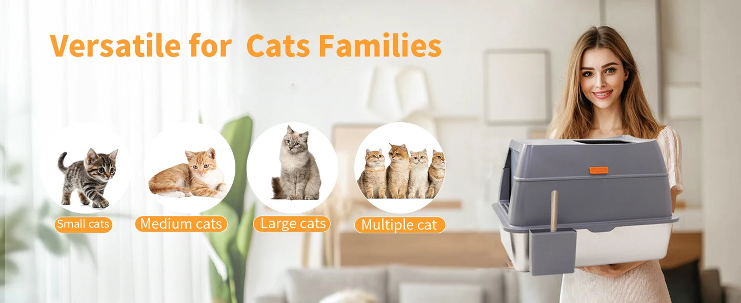 4-Style Cat Litter Box with Lid Large Kitty Litter Box Enclosed with High Sided Enclosure Scoop Non-Sticky