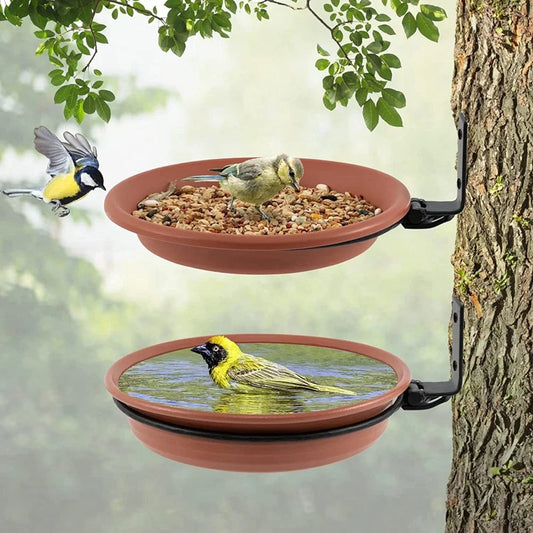Tree Mounted Bird Tray for Feeder Birds Bath Bowl Installed on Wooden Fence Wall Tree Deck Stakes with Heavy Duty Iron Ring