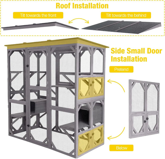 Outdoor Cat Enclosure Large Walk in Cat Kennel Kitten Cage with Platforms and Small Houses