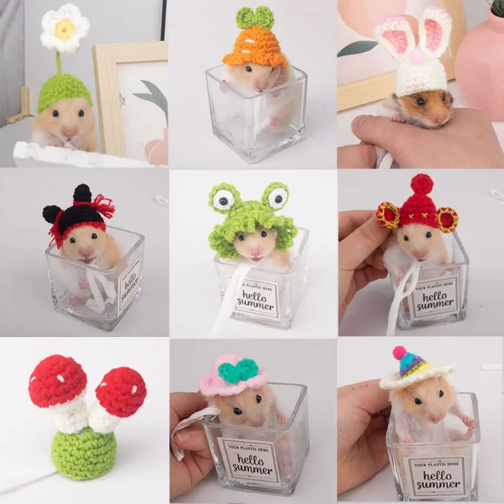 Portable Cartoon Hamster Hat Soft Handmade Pet Knitted Hat Adjustable Hamster Headwear for Photographs'