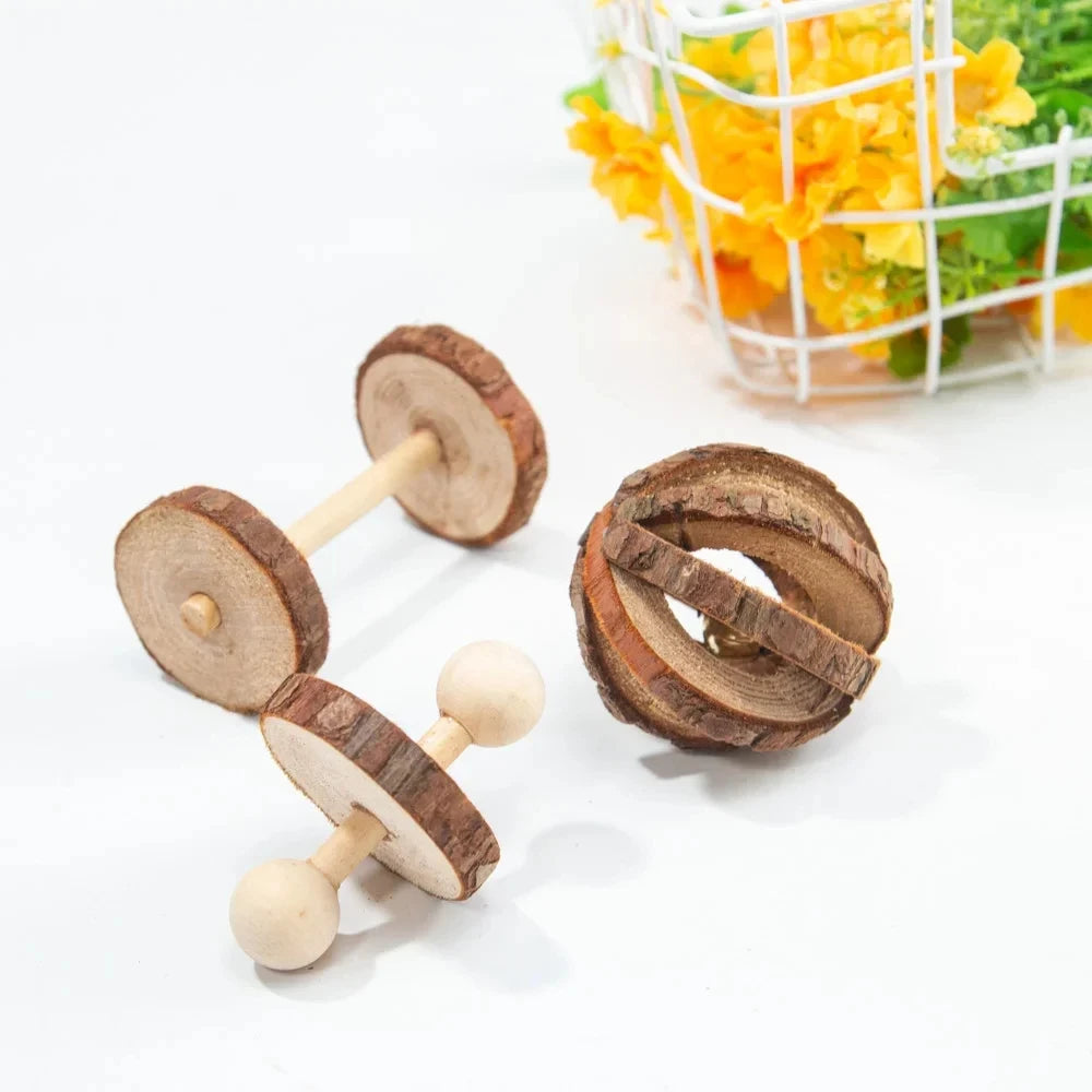 Guinea Pig Rabbit Hamster Small Animal Play Pet Roller Toys Natural Wooden Pine Dumbbells Unicycle Bell Chew Chewing Braided Ball