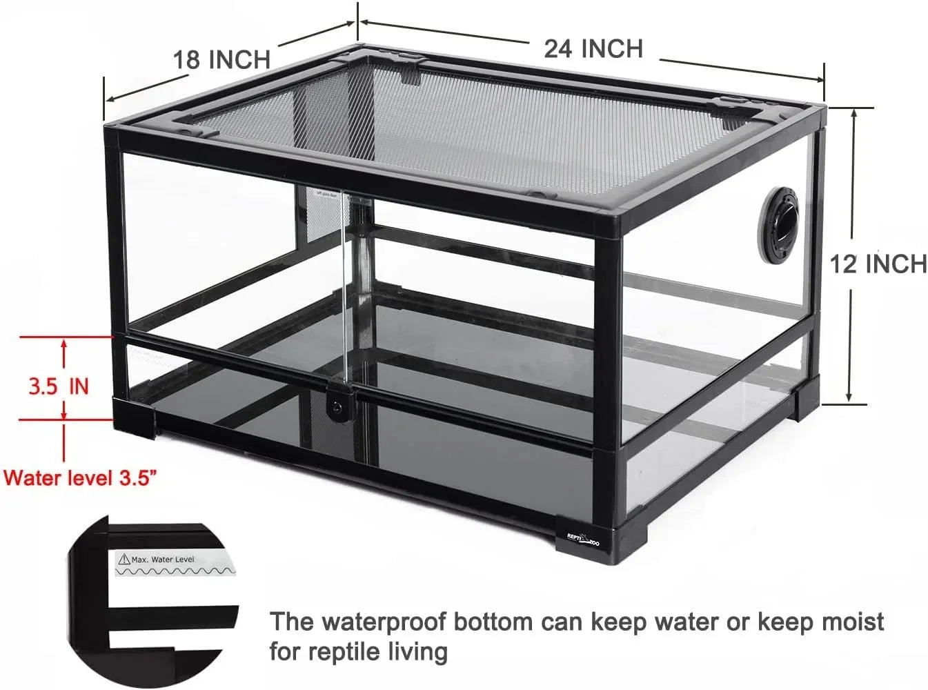 Full Glass 20 Gallon Reptile Tank Front Opening Reptile Terrarium 24" x 18"x 12" Double Hinged Opening Doors Top Screen