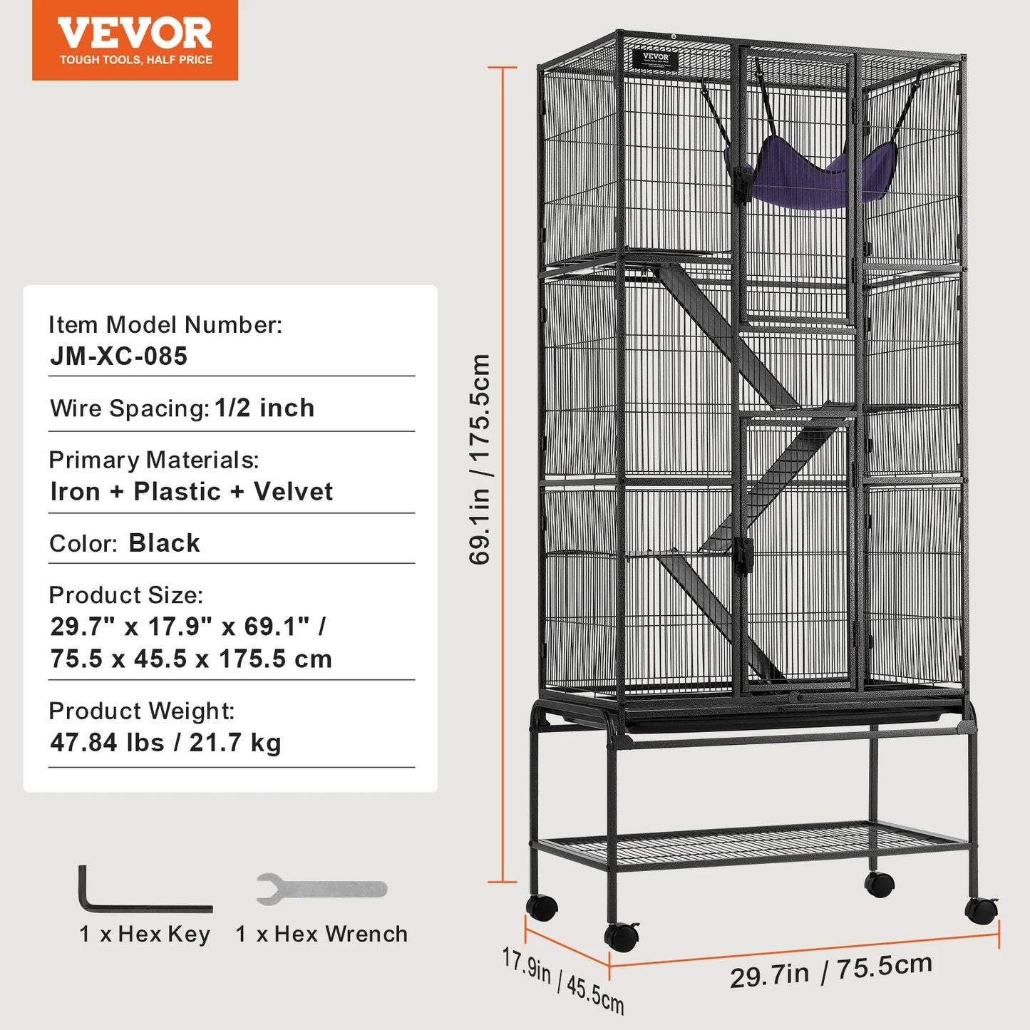 VEVOR 64.6" Rolling Metal Ferret Cage Large 4-Tier Critter Nation Cage Small Animal Cage for Pet Rats Hamster Guinea Pig Chinchilla