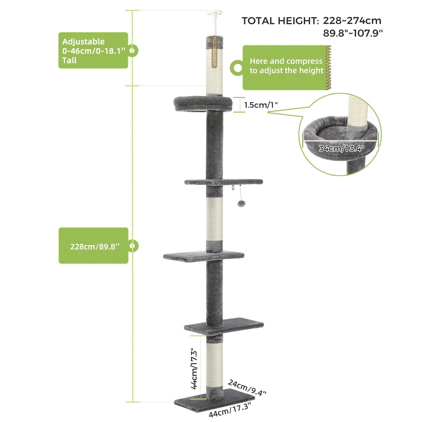 Adjustable Floor-to-Ceiling Vertical Cat Tree Tower Stable Tall Cat Climbing Tree Cat Kittens Cat Toy Suitable for Indoor Cats
