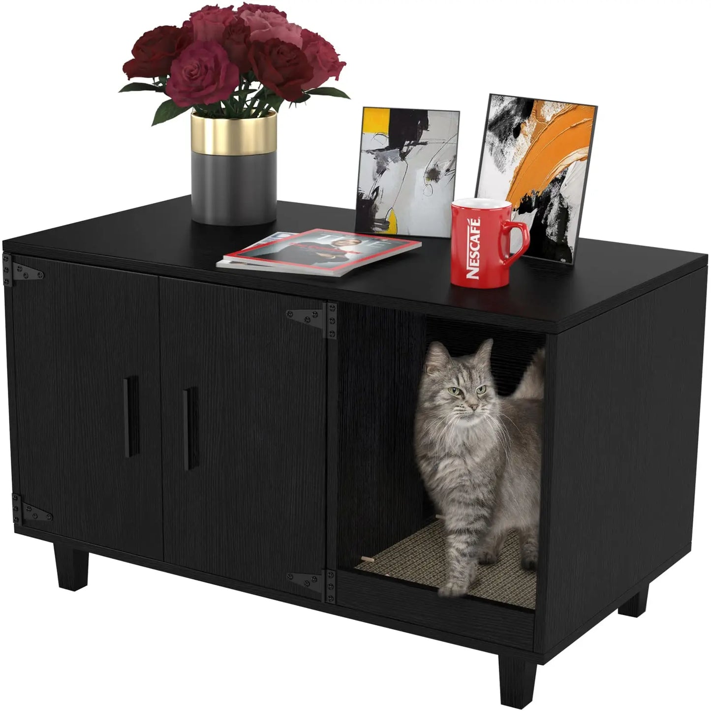 Modern Wood Pet Crate Cat Washroom Hidden Litter Box Enclosure Furniture House As Table Nightstand With Scratch Pad, Stackable