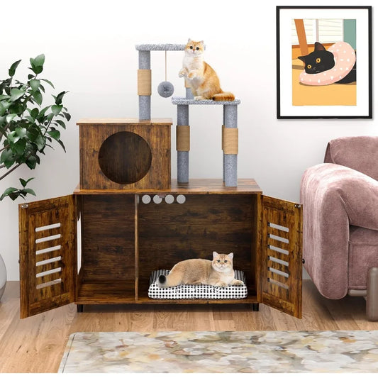 Hidden Litter Box Enclosure, Cat Tree Tower for Indoor cats, Modern Wooden All-in-one Cat Litter Cabinet