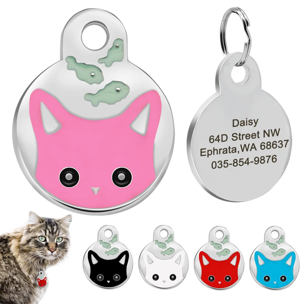 Cute Cat Tag Small Dog ID Tags Free Engraved Name Cats Kitten Name Tag Anti-lost Pet Collar Pendant Fish Shape & Cat Face Tags