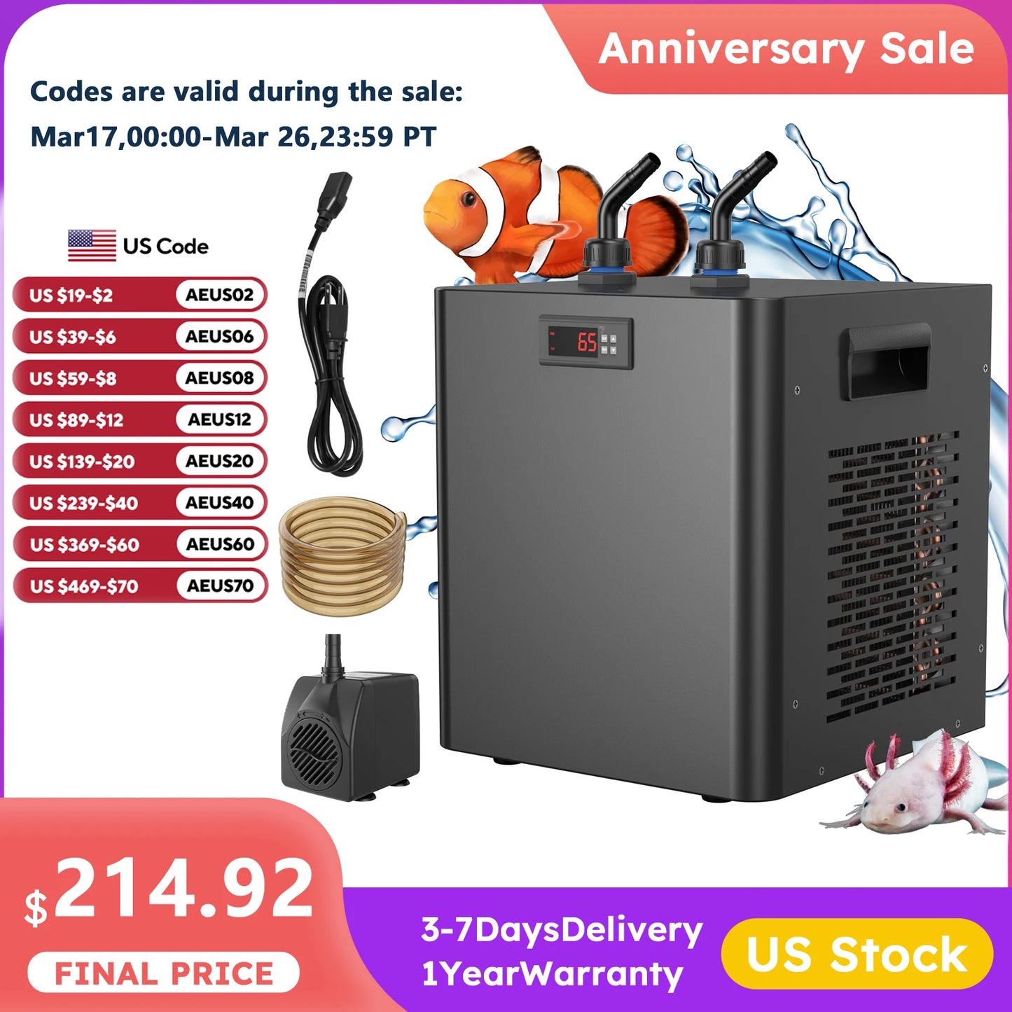 Aquarium Chiller 79Gal 1/3 HP Water Chiller for Hydroponics System Home Use Axolotl Fish Coral Shrimp 110V with Pump and Pipe