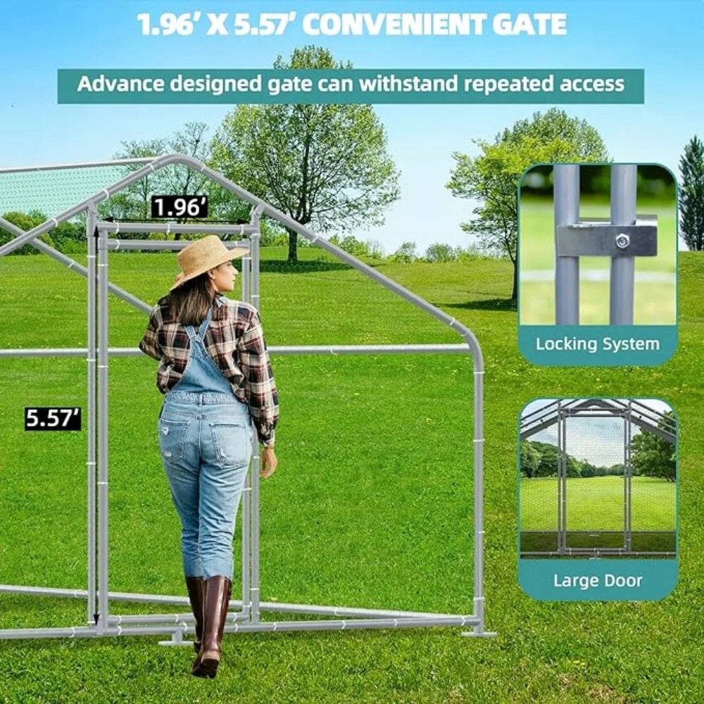 Large Metal Chicken Coop Run, Walk-in Enclosure Poultry Hen Run House, Spire Shaped Chicken Pen with Waterproof & Anti-UV Cover