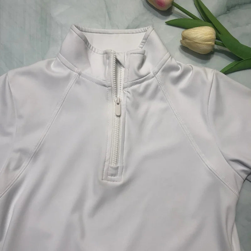 MXLLINA Girls Equestrian Short Sleeves Tops Woman's Summer Zipper Horse Riding T-Shirts Sports Base Layer Competition Show Top
