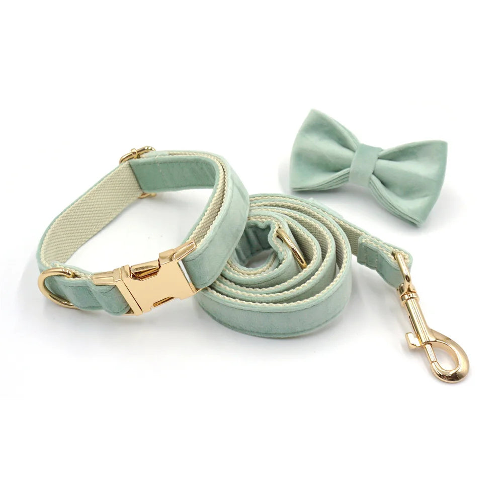 Green Tea Velvet Free Custom Dog Harness Soft Luxury Designer Dog Collar for Small Dogs Personalized Bowtie Collar Lead Poop Bag