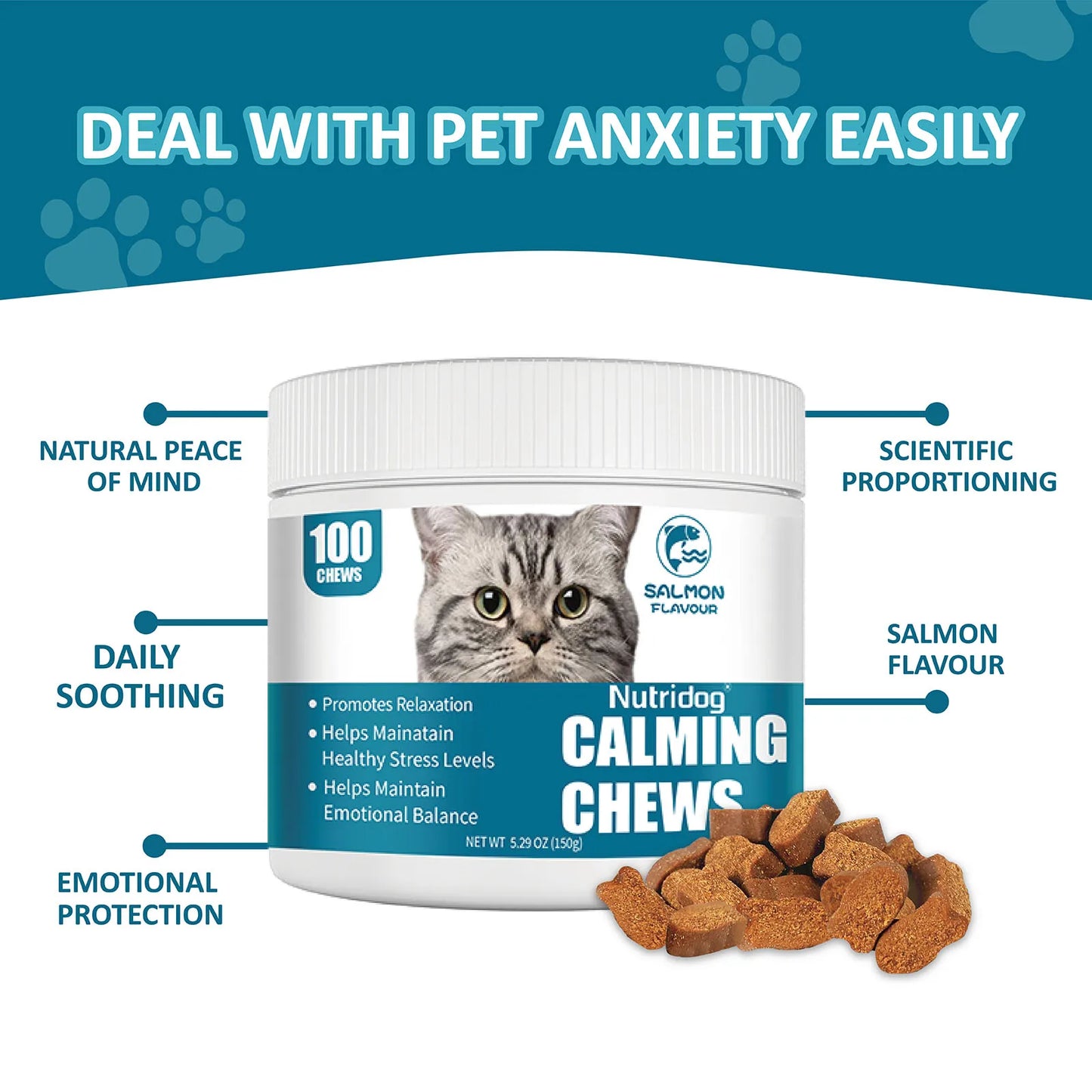 NUTRIDOG Cat Calming Chews Promotes Cats Relaxation Moods Calmer Relieve Stress Effects Maintain Emotional Balance 100 PCS/Bottle