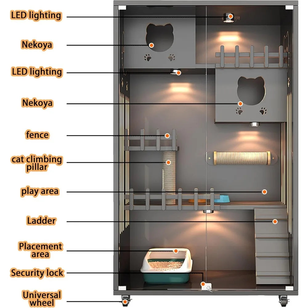 Wooden House Large Space with Scratching Post, Indoor/Outdoor Cat Enclosure with Wheels, Multi-Feature Enclosed Cat Houses