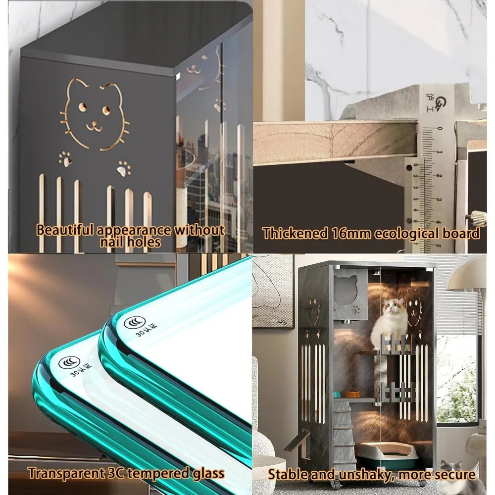 Wooden House Large Space with Scratching Post, Indoor/Outdoor Cat Enclosure with Wheels, Multi-Feature Enclosed Cat Houses