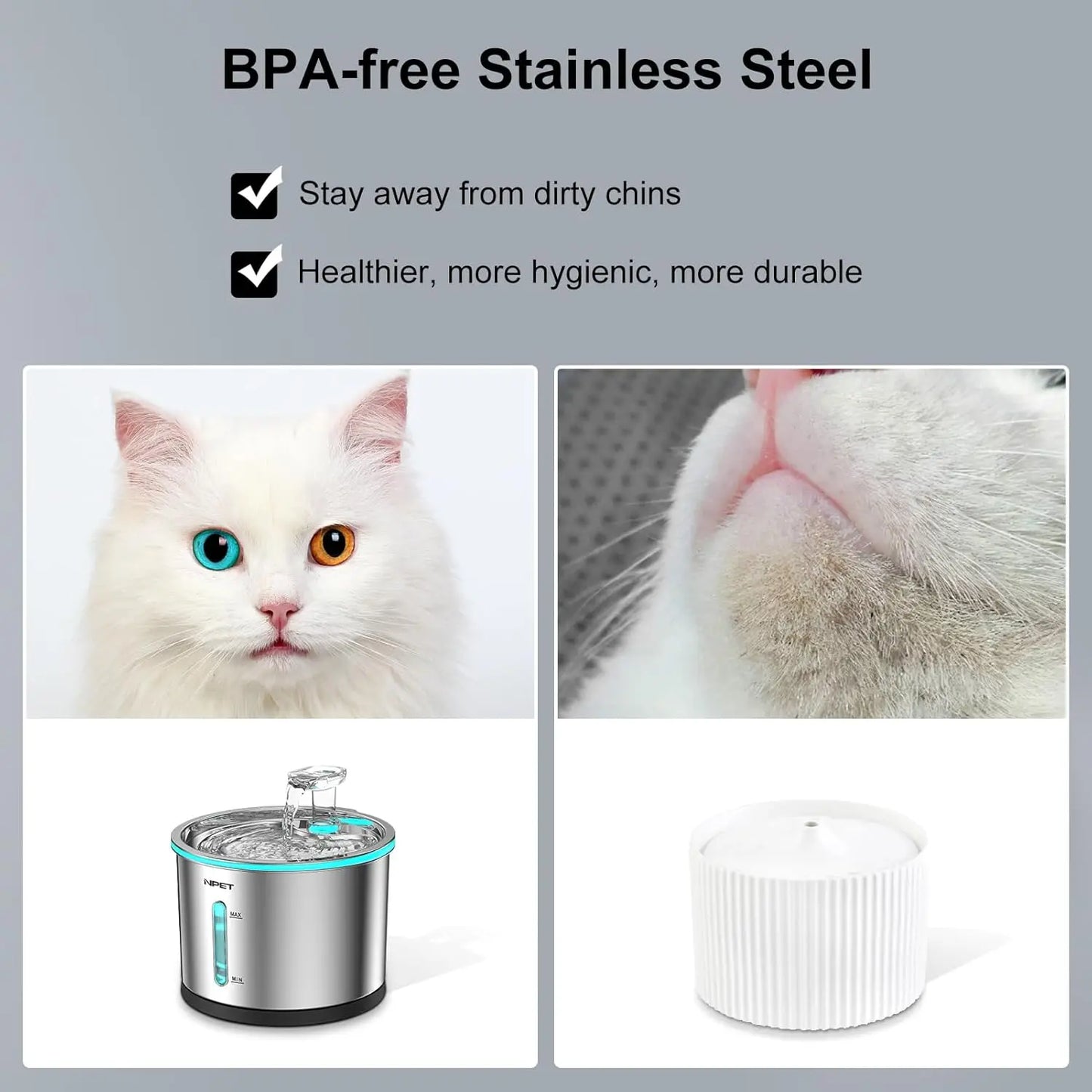 Cat Water Fountain Stainless Steel, 50oz/1.5L Dishwasher Safe Pet Water Fountain with Visible Window Light for Cats