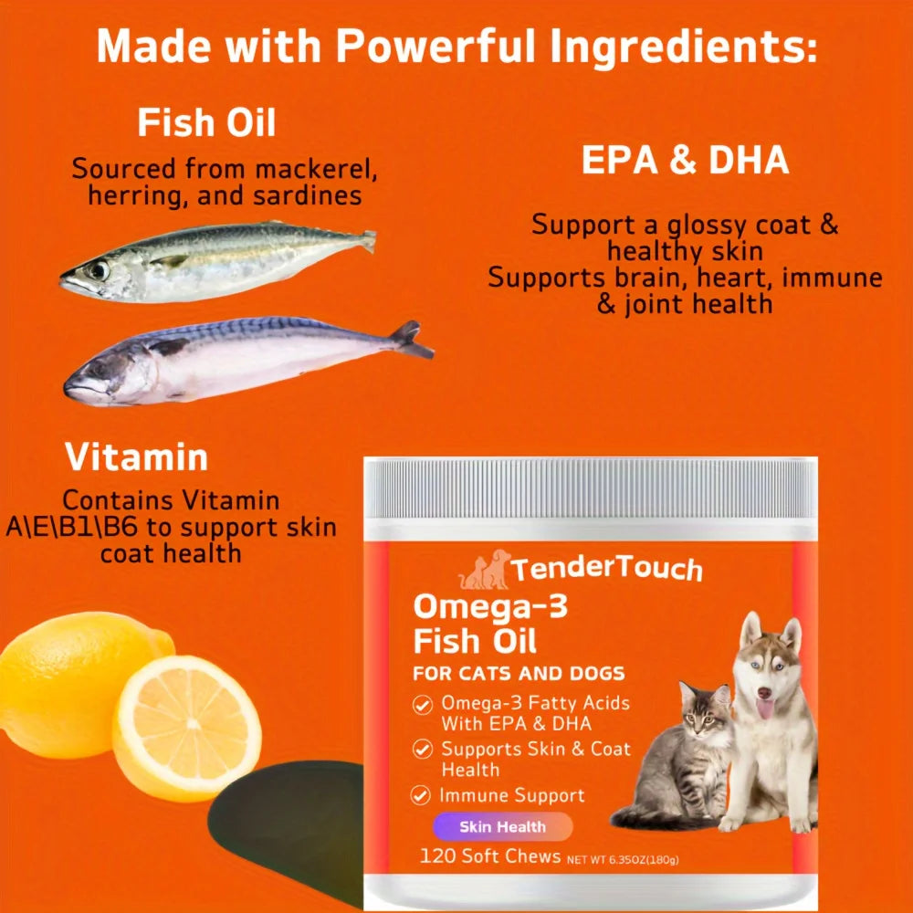 240 Chews - 2 Pack (2 x 180g/6.35oz) 360g/12.7oz - TenderTouch Omega 3 Fish Oil Supplement for Dogs & Cats, Omega 3 Fish Oil