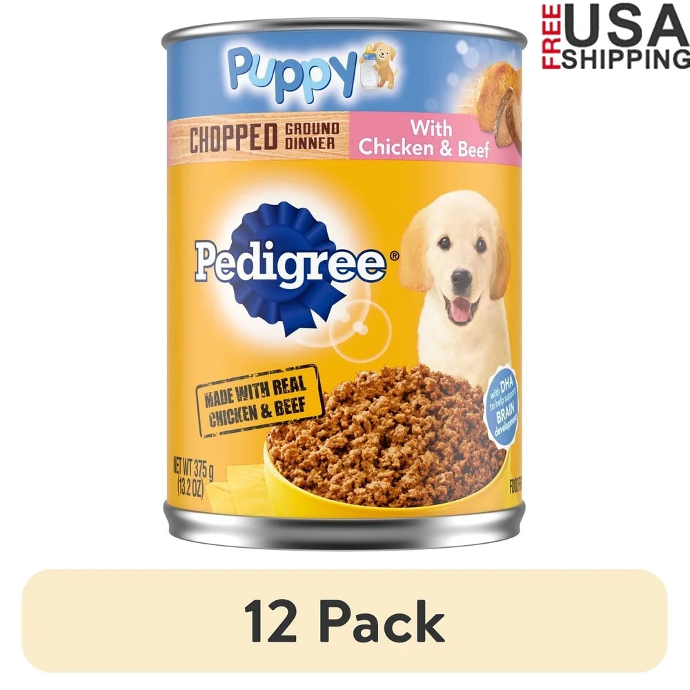 12 Pack Chopped Ground Wet Dog Food Puppies Chicken Beef Flavor 13.2 Oz Can Nutrient Rich Calcium DHA Healthy Development