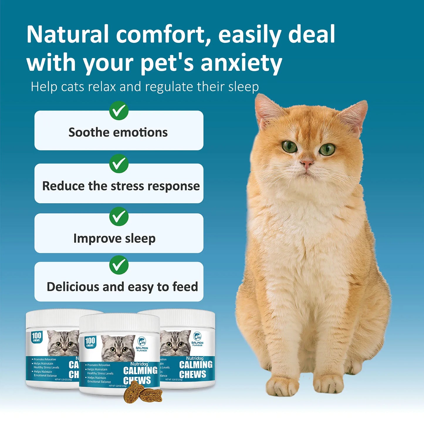 NUTRIDOG Cat Calming Chews Promotes Cats Relaxation Moods Calmer Relieve Stress Effects Maintain Emotional Balance 100 PCS/Bottle