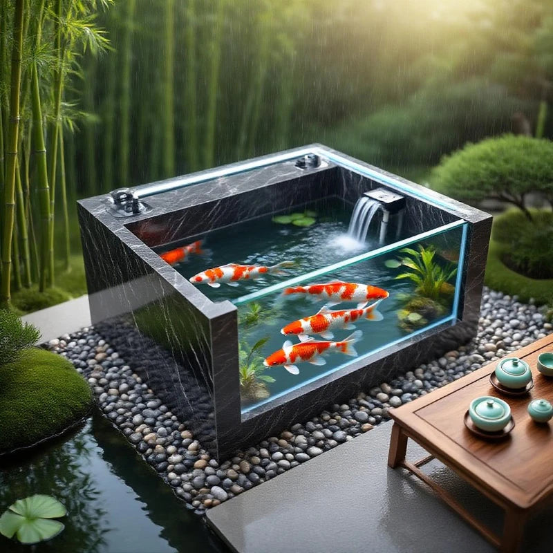 Yard fish pond rock slab floor-to-ceiling koi fish tank outdoor integrated square balcony to create landscape water feature