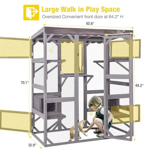 Large Walk-in Cat Enclosure Cage with Platforms and Sleeping Houses Multiple Cats Outdoor Cat House with Waterproof Roof Cover