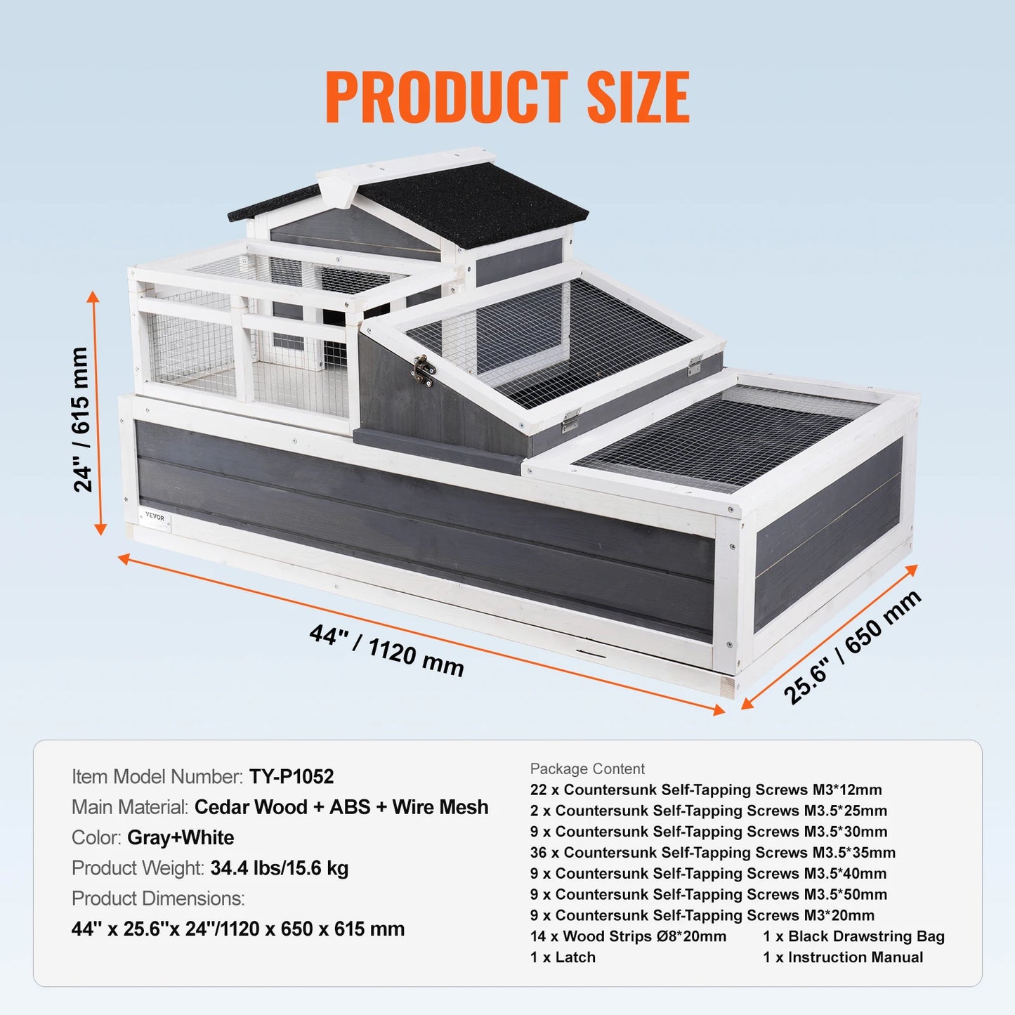 VEVOR 3-Room Tortoise House Tortoise Habitat Wooden Enclosure Indoor & Outdoor Openable Roof Large Reptile Cage 44" x 25.6"x 24"
