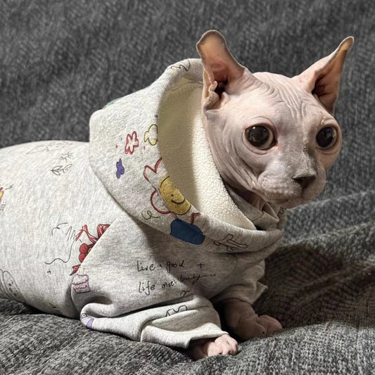 Thick Grey Fleece Hooded Sweatshirt for Sphinx Cat in Winter Long Sleeves Warm Cartoon Kittens Jacket Coat for Devon Rex