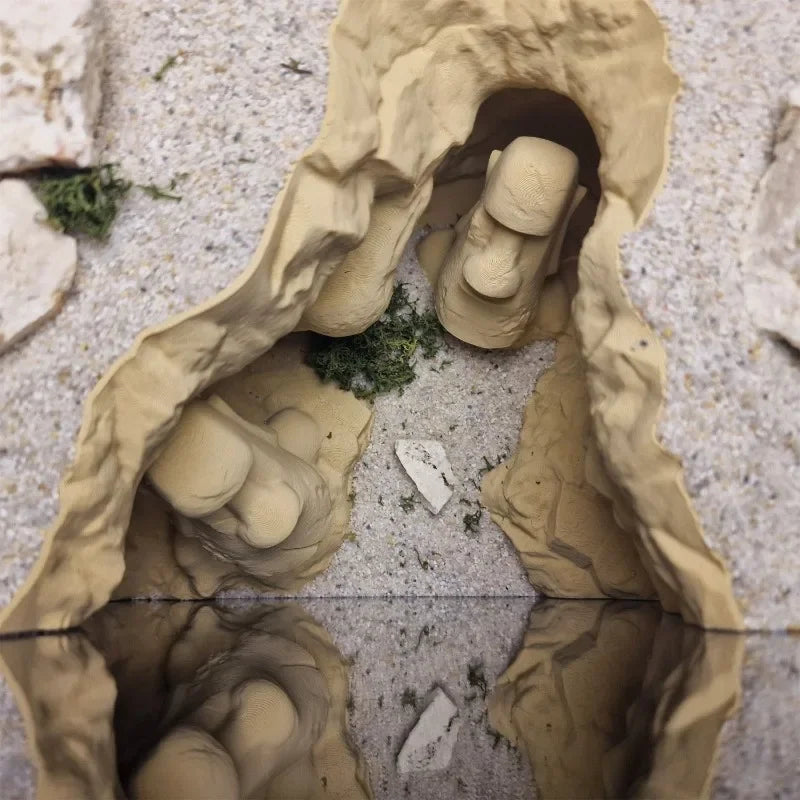Simulated Rock Cave with Undulating Substrate Sand Terrain, Easter Island Heads Themed Aquascape, Hiding House for Fish & Shrimp