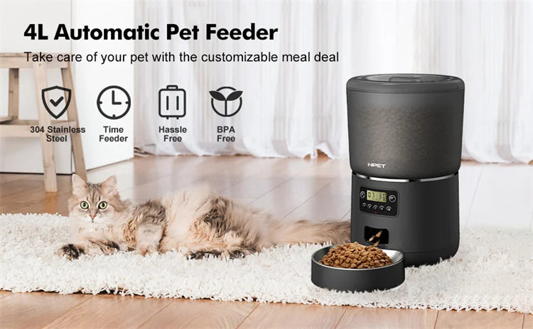 NPET 4L Automatic smart pet feeder for cats & dogs multiple pets with stainless steel bowl Customize healthy food 1-9 portions
