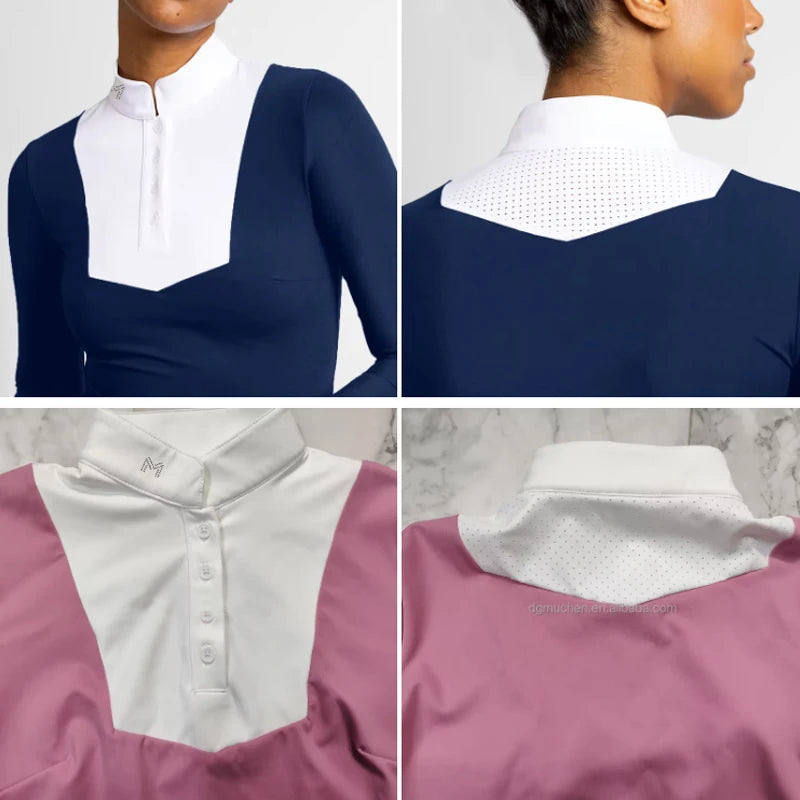 M LOGO Horse Riding Base Layer T-Shirts Women Equestrian Long Sleeve Top Ladies Breathable Competition Show Zipper Sports Blouse