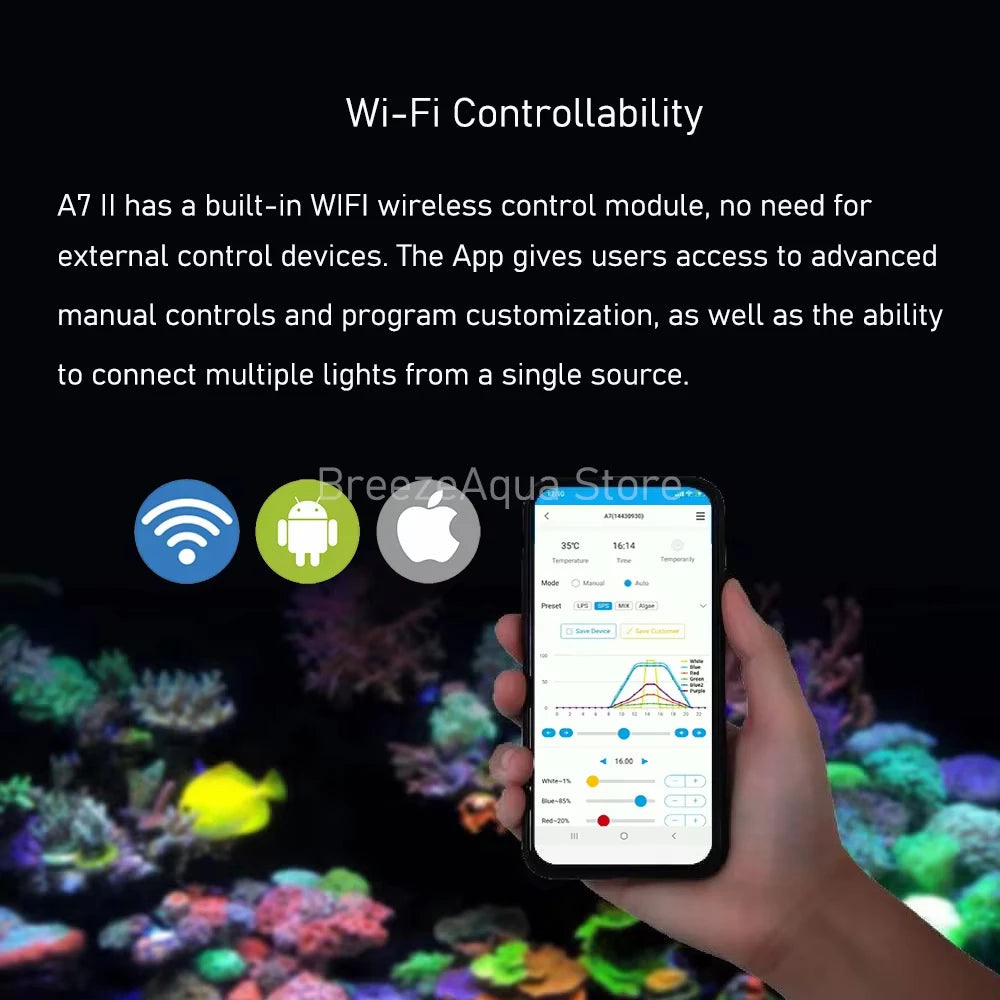 A7S III Wi-Fi App Phone Control Full Spectrum 100W Saltwater Marine LED Aquarium Light for Coral Reef Fish Tank