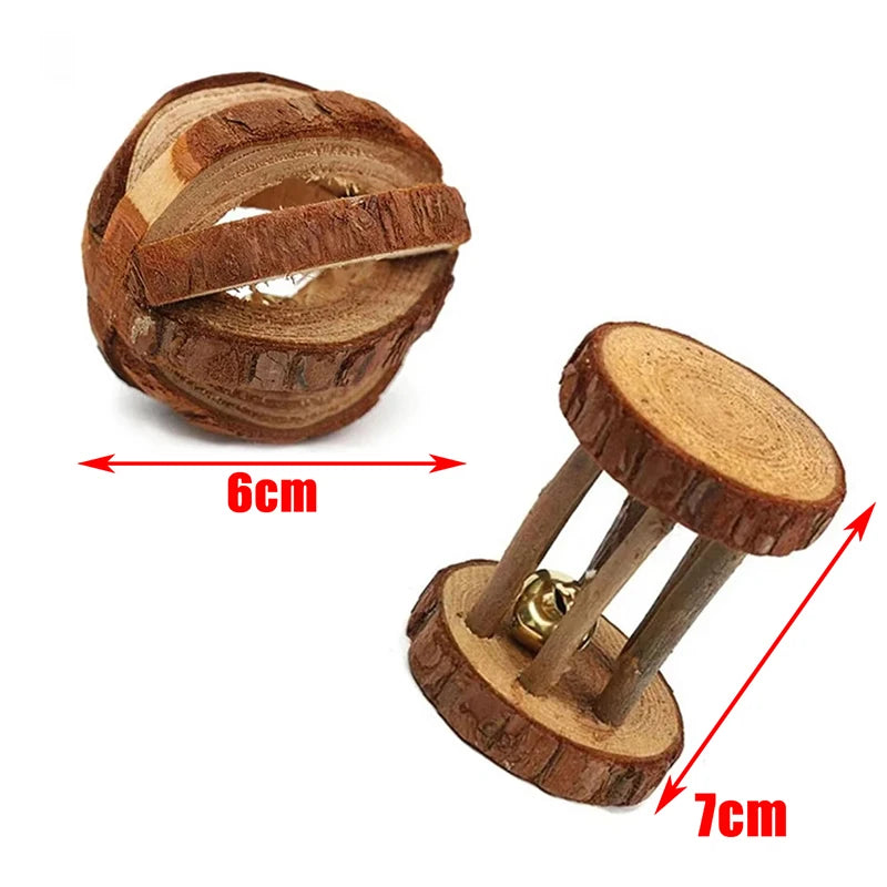 Guinea Pig Rabbit Hamster Small Animal Play Pet Roller Toys Natural Wooden Pine Dumbbells Unicycle Bell Chew Chewing Braided Ball