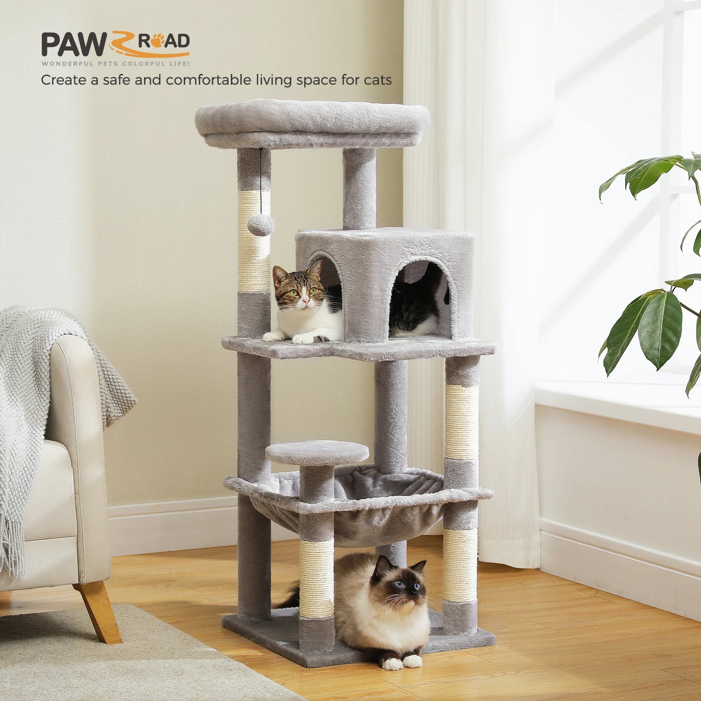 Cat Tree for Indoor Cats, 5-Level Cat Tower for Large Cats with Metal Frame Large Hammock Cat Condo with Big Top Perch