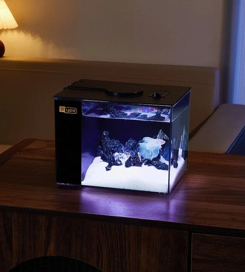 Desktop Fish Tank Betta Goldfish Aquarium with Light and Water Pump Luxury Mini Fishbowl Home Fish Aquatic Pet Decor Terrarium