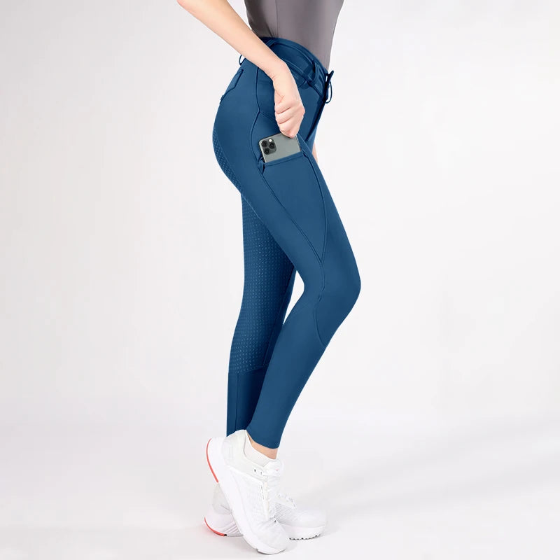 MXLLINA Button Zipper Horse Riding Pants Women Equestrian Leggings Breeches Competition Full Silicone Sports Tights