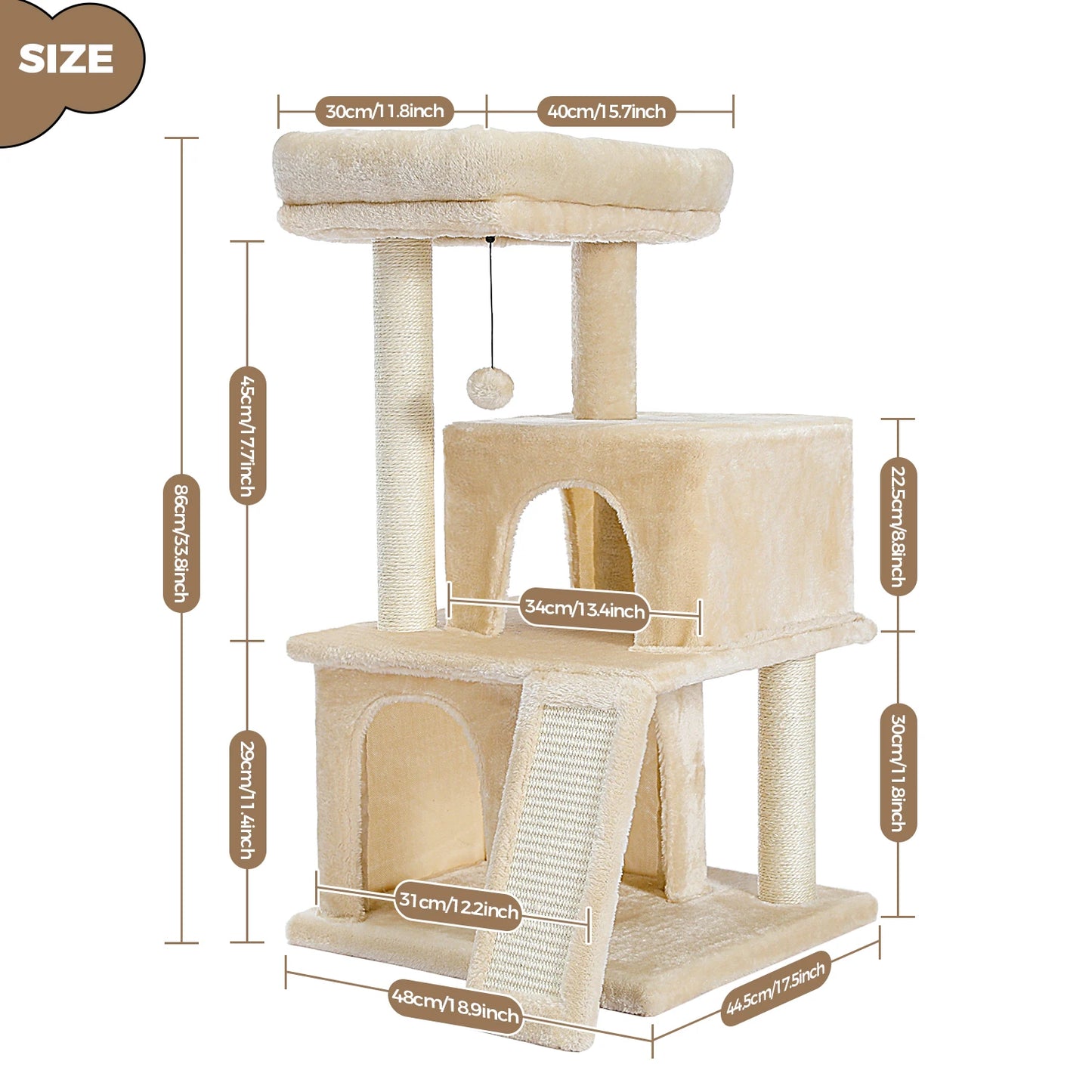 Large Cat Tree Indoor Cats, Multi-Level Cat Tower with Sisal Scratching Post, 2 Spacious Condos, Cat Toys