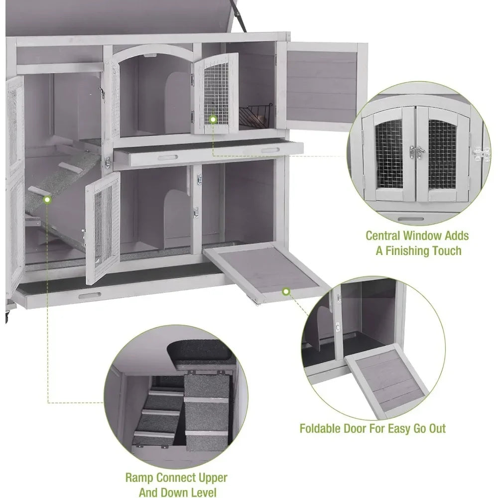Rabbit Hutch Indoor Outdoor Bunny House Bunny Cage on Wheels with Plastic Tray-47inch
