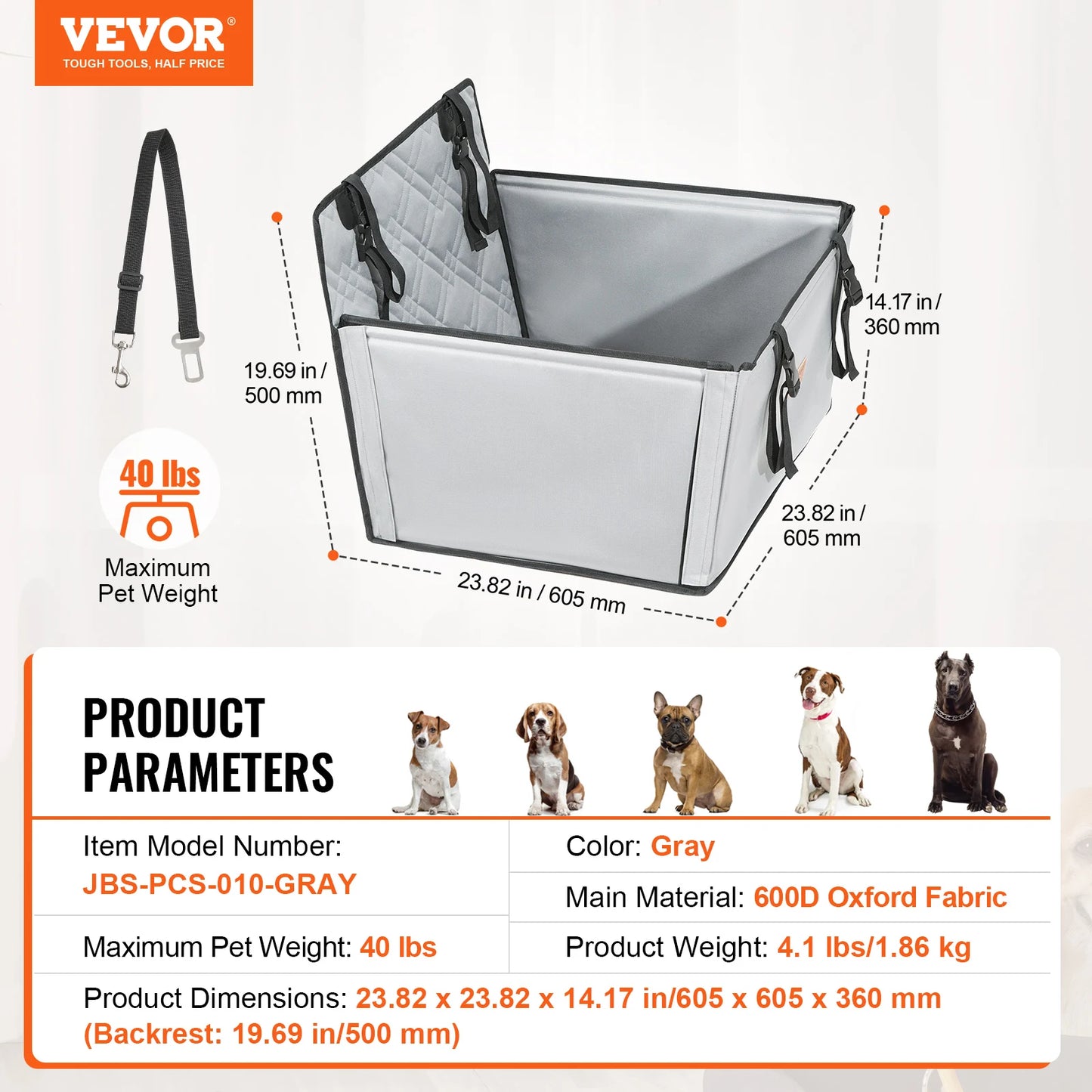 VEVOR Dog Car Seat Waterproof Dog Booster Seat Pet Car Seat with Clip-On Safety Leash PP Cotton Car Bed for Medium & Large Dog