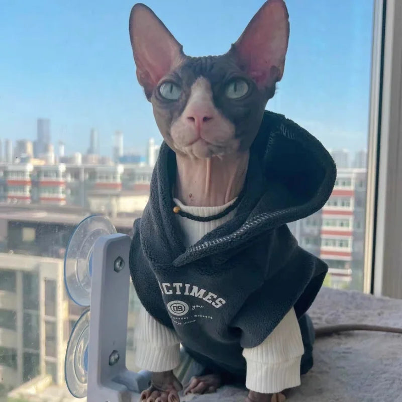 Thick Yellow Fleece Hooded Sweatshirt for Sphynx Cat Grey Short sleeved Coat for Devon Rex in Winter Soft Loungewear for Kittens