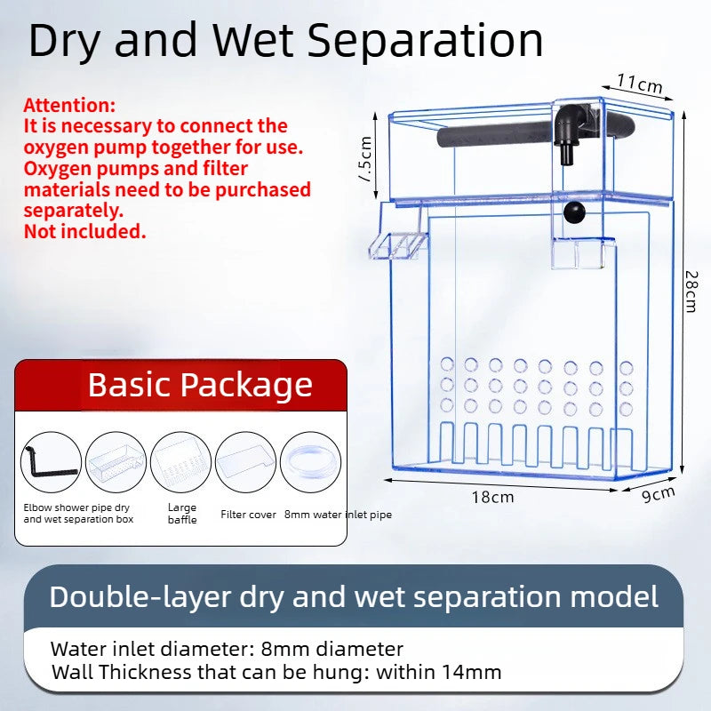 2-Tier Dry-Wet Separation Aquarium Filter Box Ultra-Quiet Wall-Mounted 3-in-1 Drip Filter Box for Small Medium Fish Turtle Tanks