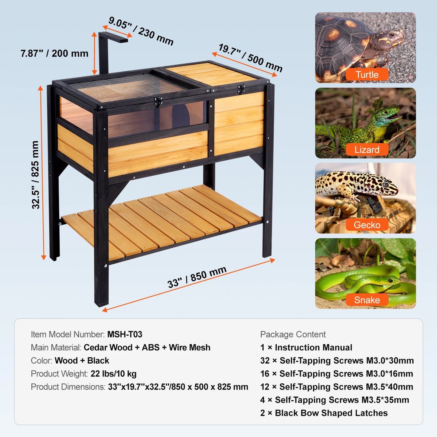 VEVOR 3-Room Tortoise House Tortoise Habitat Wooden Enclosure Indoor & Outdoor Openable Roof Large Reptile Cage 44" x 25.6"x 24"