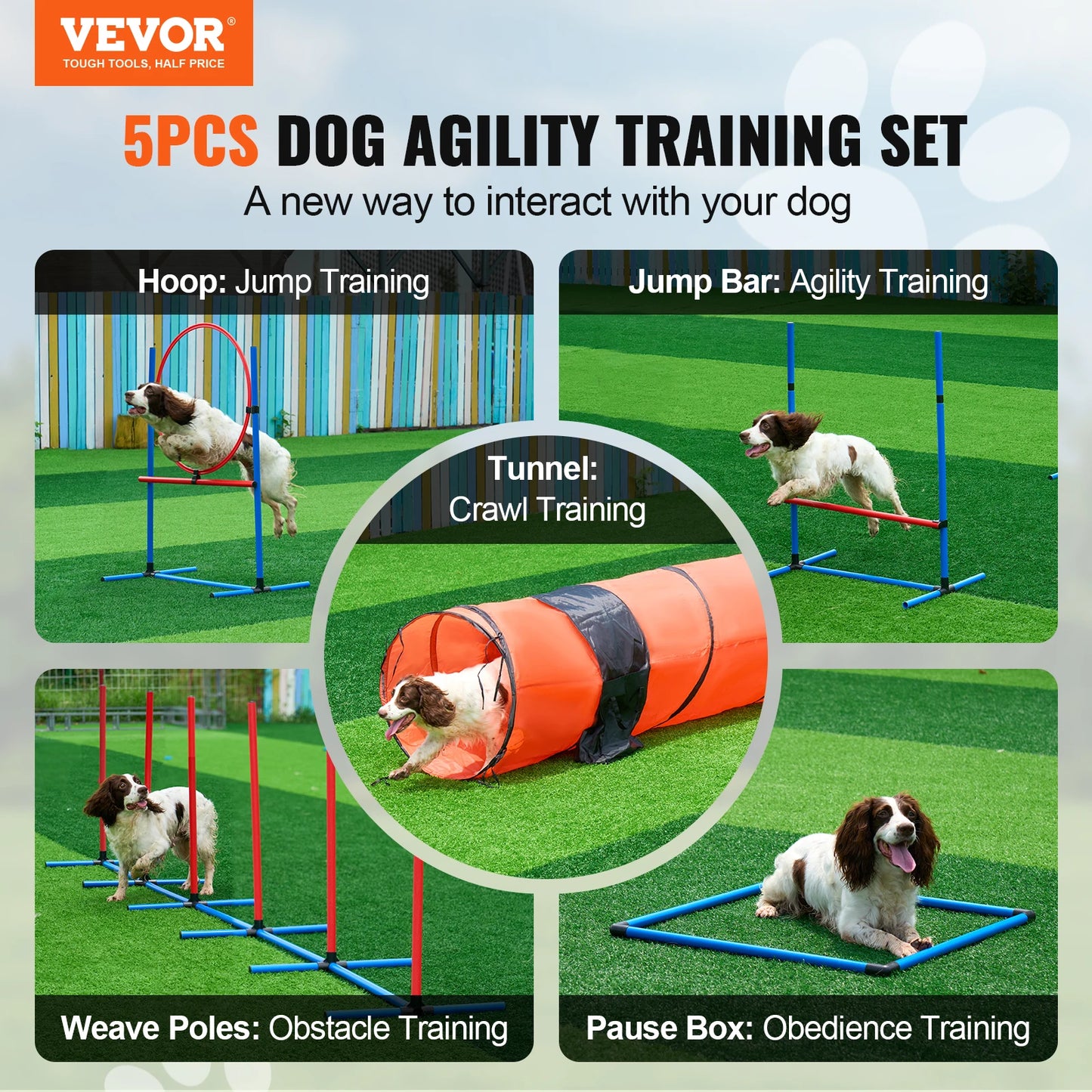 VEVOR Dog Agility Training Equipment 5 PCS Set Upgrade with Adjustable Hurdles Extended Tunnel Puppy Obstacle Course Kit with Bag