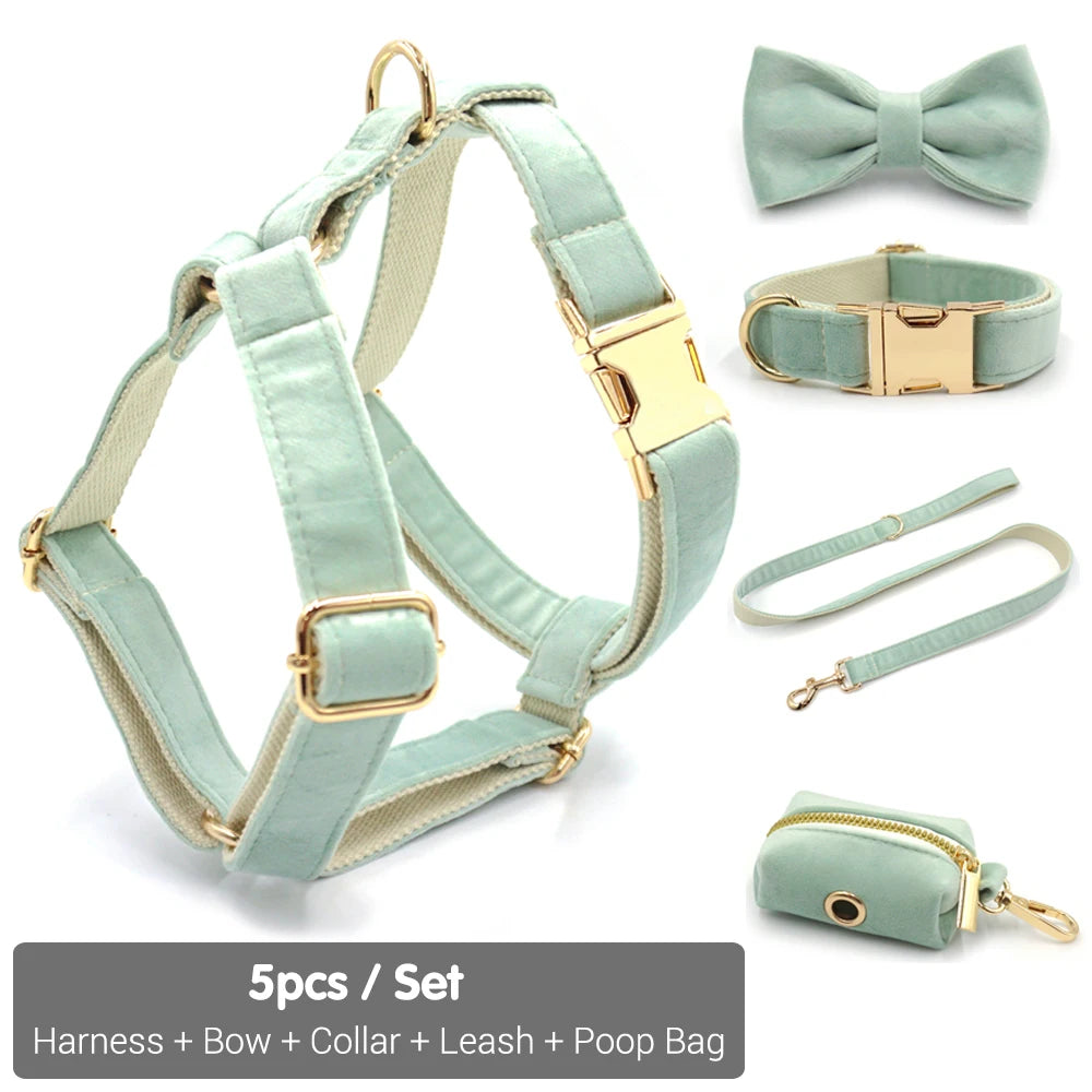 Green Tea Velvet Free Custom Dog Harness Soft Luxury Designer Dog Collar for Small Dogs Personalized Bowtie Collar Lead Poop Bag
