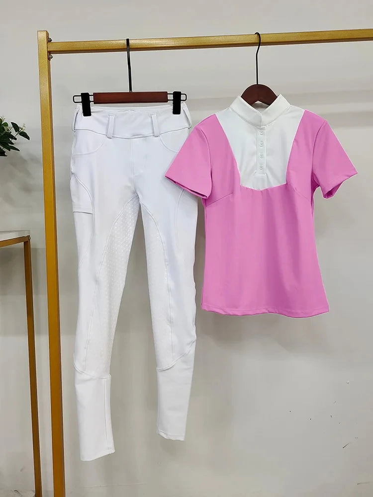 MXLLINA Women Equestrian Clothes Set Horse Riding Long Sleeve T-shirts And Pants Sports Suit Competition Training Riding Wear