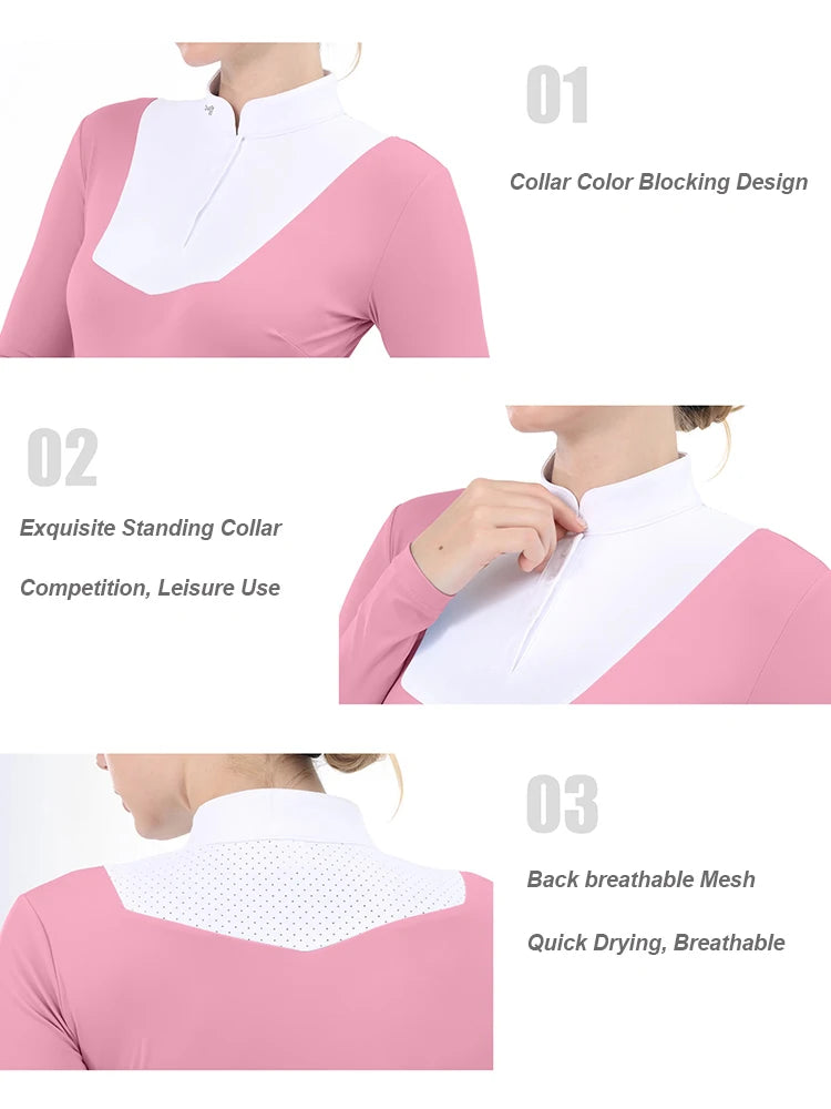 M LOGO Horse Riding Base Layer T-Shirts Women Equestrian Long Sleeve Top Ladies Breathable Competition Show Zipper Sports Blouse