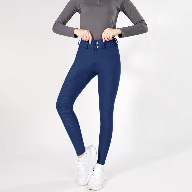 MXLLINA Button Zipper Horse Riding Pants Women Equestrian Leggings Breeches Competition Full Silicone Sports Tights