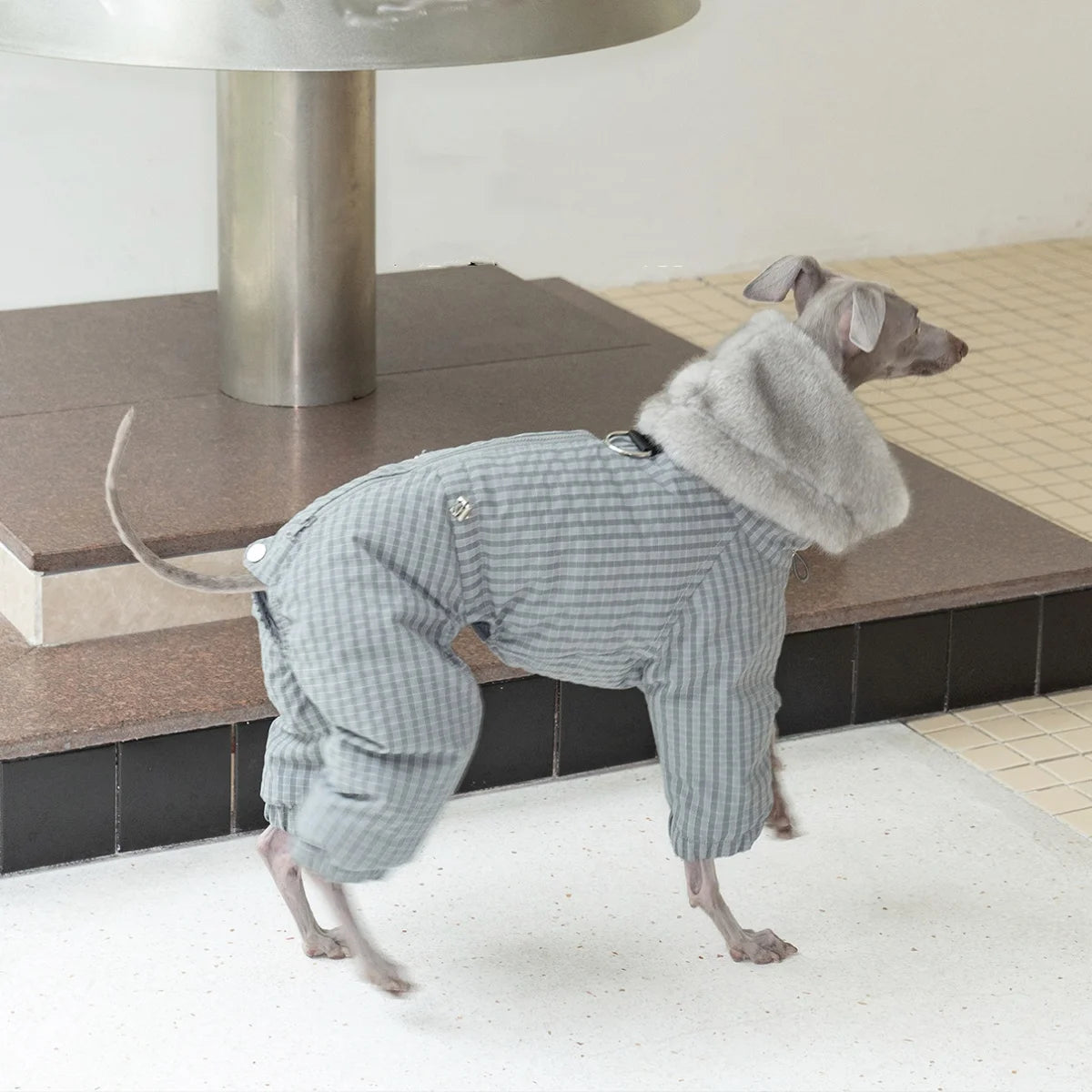 Thick Plaid Down Coat for Dogs in Winter Waterproof Windproof Grey Warm 4-leg Mink Fur Collar Puffer Jacket for Italy Greyhound