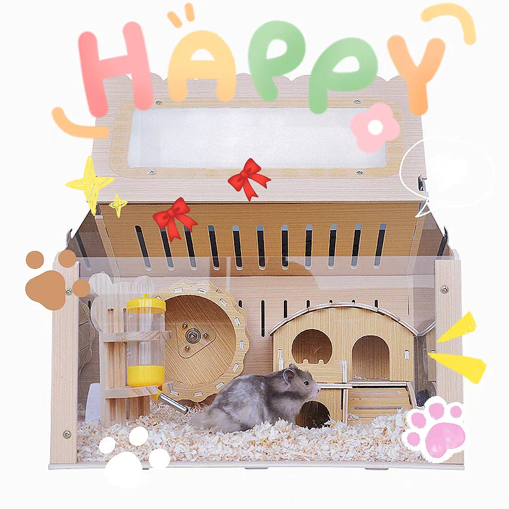 Wooden and Acrylic Hamster Cage Transparent Ornamental Pet Breeding Crate DIY Aquascape Pet Crate