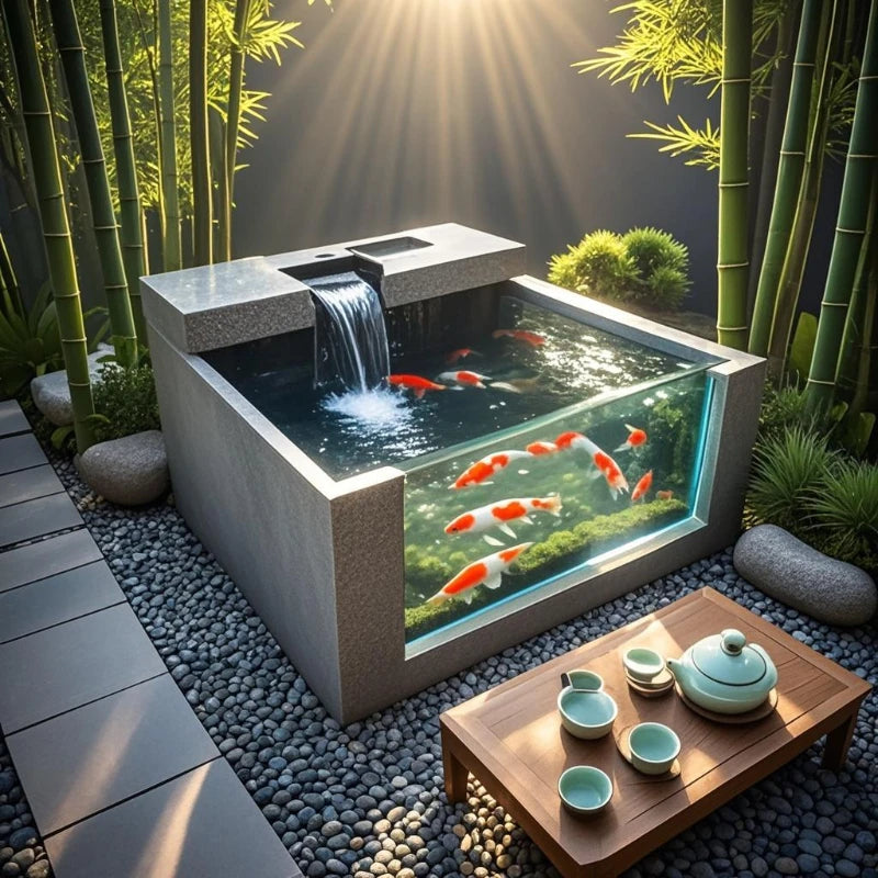 Yard fish pond rock slab floor-to-ceiling koi fish tank outdoor integrated square balcony to create landscape water feature