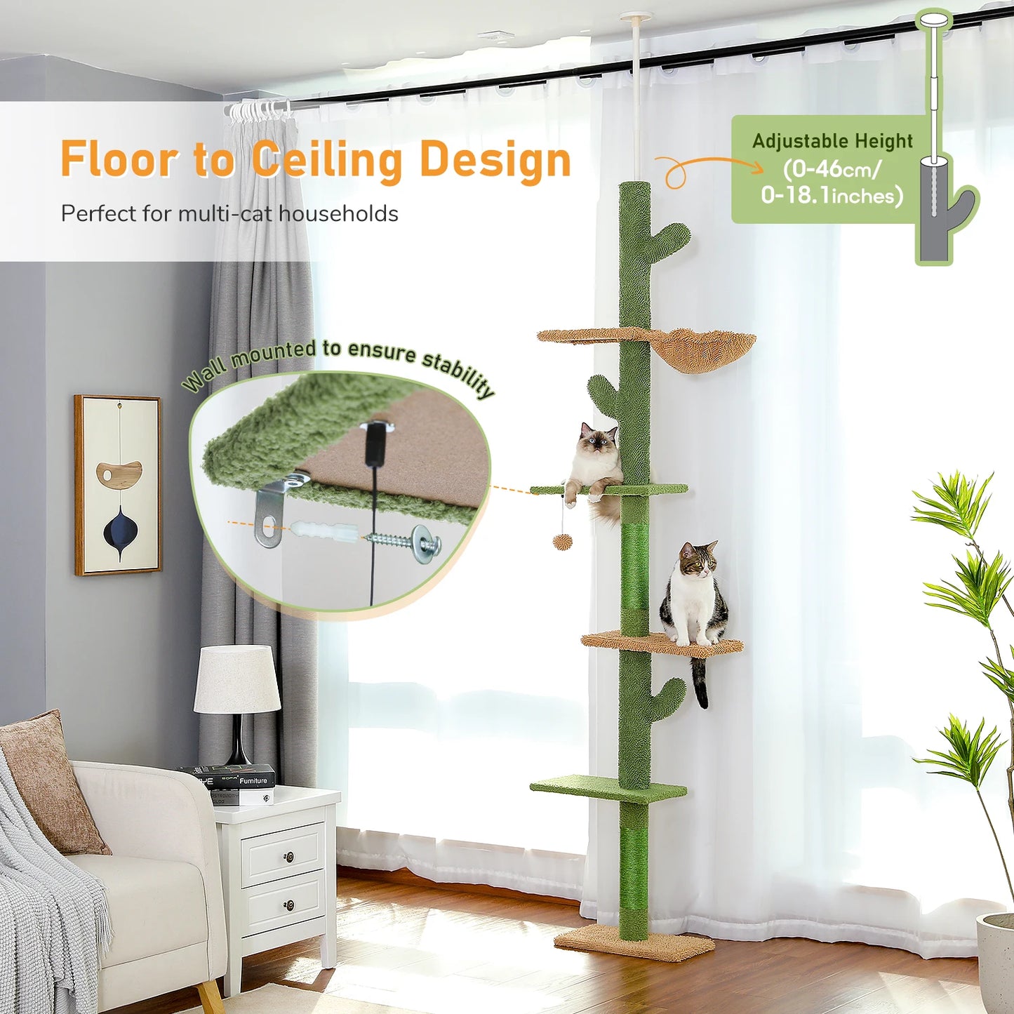 Adjustable Floor-to-Ceiling Vertical Cat Tree Tower Stable Tall Cat Climbing Tree Cat Kittens Cat Toy Suitable for Indoor Cats